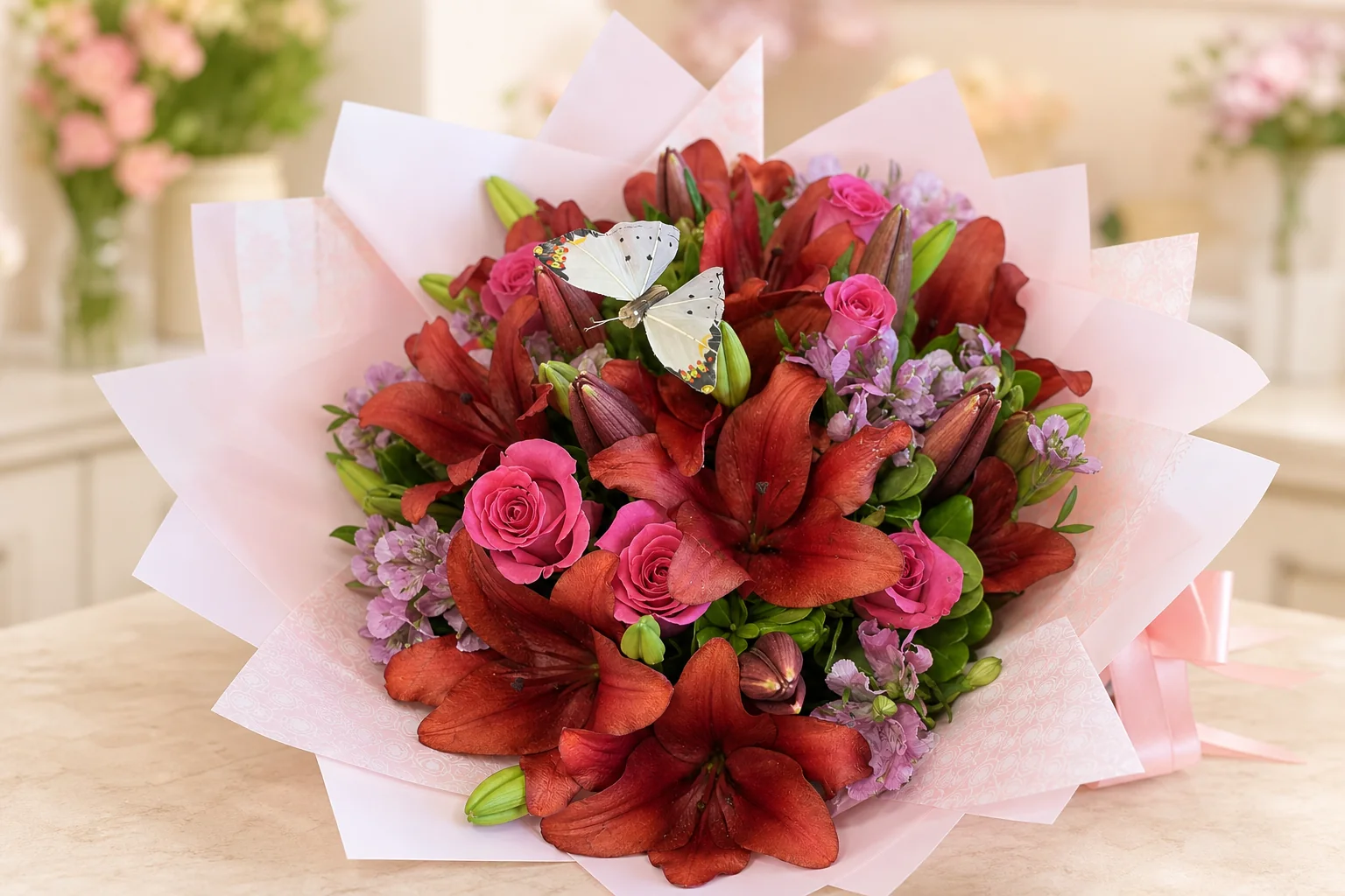 Ramo de lirios rojos y rosas para regalos en Cancún
